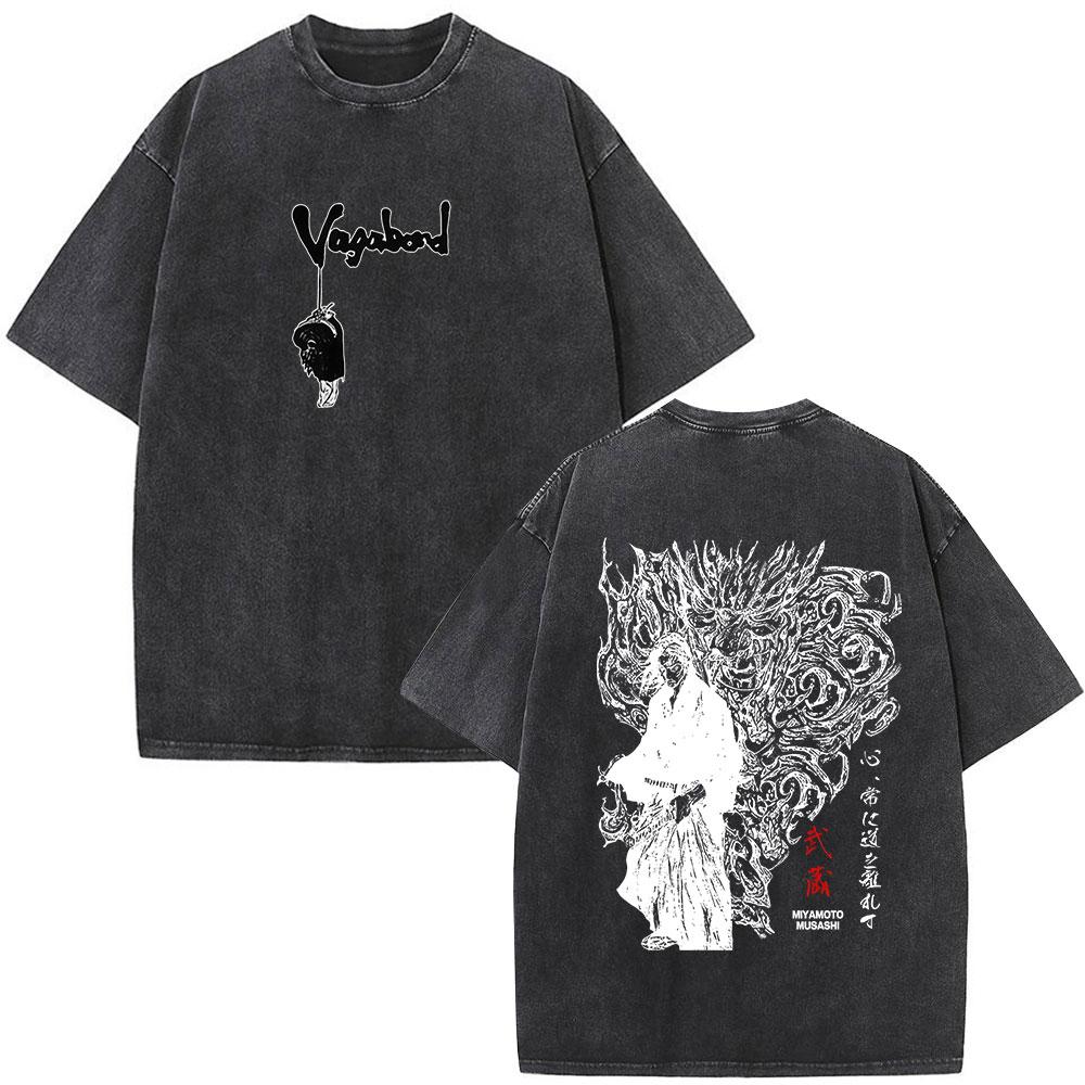 Vintage Washed Anime Vagabond Miyamoto Musashi Manga Tshirts Men Women Clothing Casual Cotton Short Sleeve Oversized T Shirts