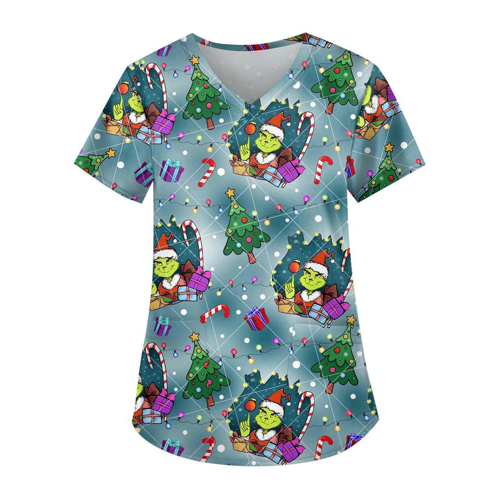 Женская симпатичная рабочая одежда с принтом, V-образным вырезом, двухслойными карманами, базовым коротким рукавом, пуловером на Рождество