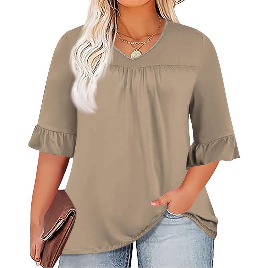 Женская модная повседневная однотонная футболка с v-образным вырезом и принтом, плиссированная футболка с рукавами семь минут, топы больших размеров