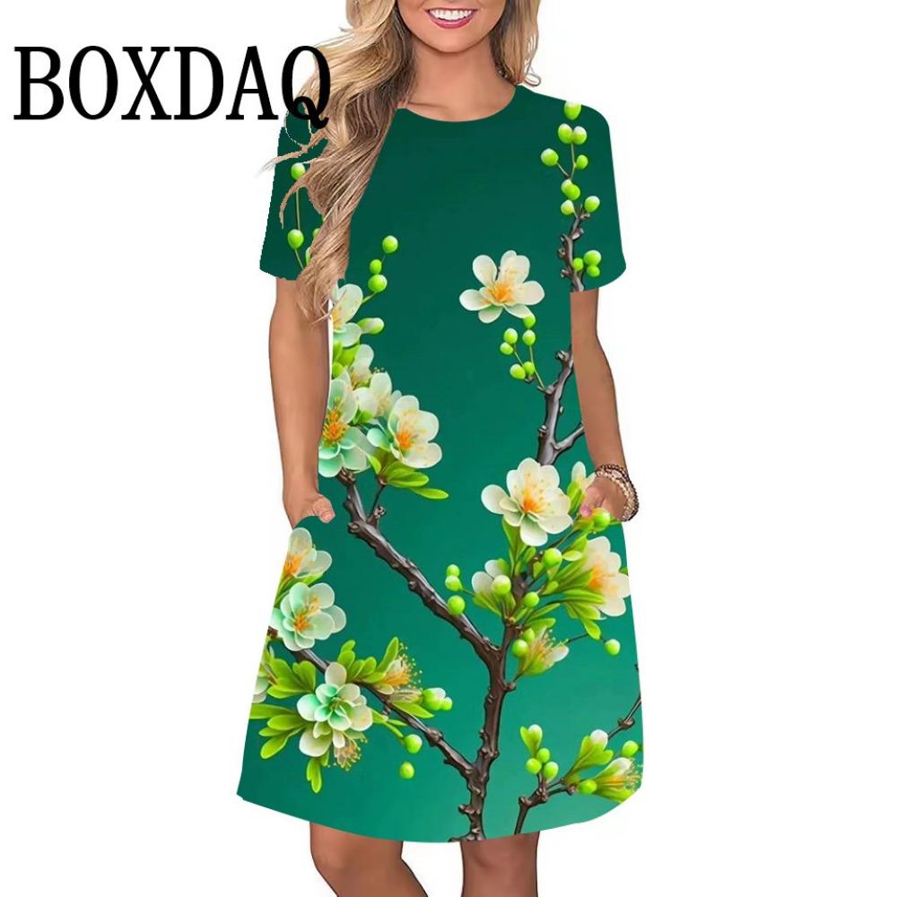 Летнее платье с принтом синих роз для женщин, элегантное платье с короткими рукавами и круглым вырезом для пляжной вечеринки, свободная и повседневная женская одежда