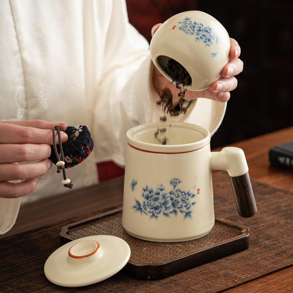 Ru kiln peony office tea cup tea separation high-end liner high-end office cup ceramic tea cup water cup with lid