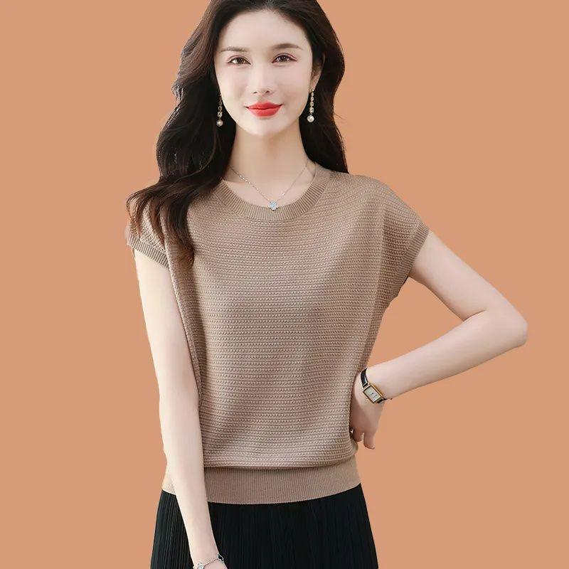 Футболка с короткими рукавами Ice Silk для женщин, летний тонкий свободный и стильный короткий вязаный свитер