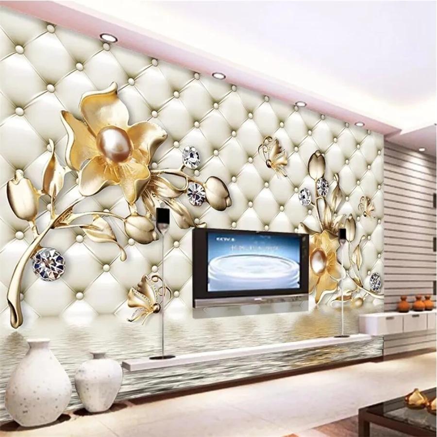 Цветочные обои Роскошные мягкие сумки 3d фрески Золотые украшения Цветочные обои Домашний декор 3d обои