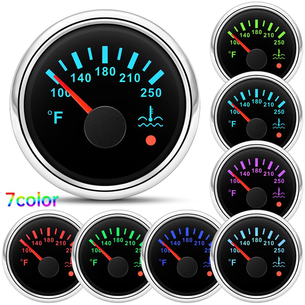 100~250℉ 2"52mm Water Temperature Gauge with Flashing Alarm 7 Color Backlight Water Temp Meter Indicator Car Boat Yacht Custom