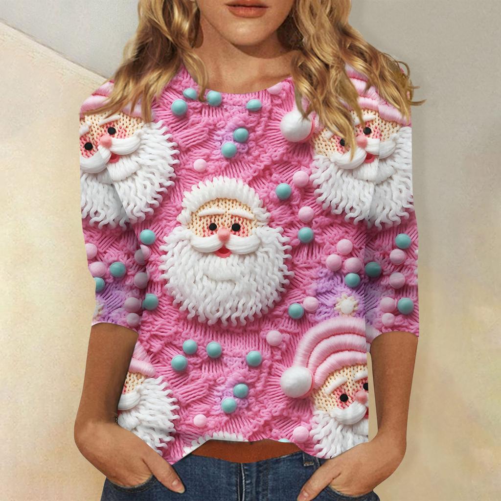 Women's Fashionable Casual Three-Quarter Sleeve Christmas Print Round Neck Top