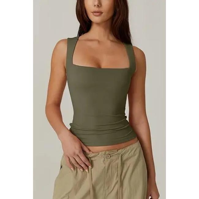 2025 Seaside Vacation Summer New Solid Color Женская майка без рукавов с квадратным вырезом, двухслойная, базовая облегающая футболка для женщин
