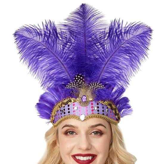 Feather Headpiece Hair Band with Rhinestones Sequins Elastic Carnival Headdress Women Lightweight Festival Headdress