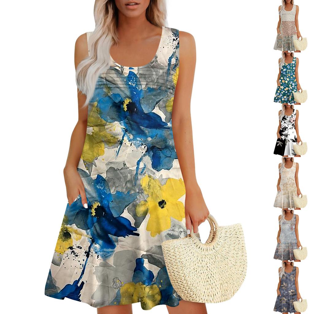 Womens Summer Dresses Loose U Neck Sleeveless Sundresses Dress With Pockets