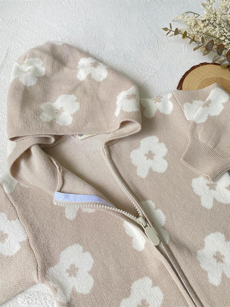 Детский вязаный комбинезон-свитер унисекс с капюшоном на молнии с цветочным принтом и длинными рукавами - идеальный вариант для ползания осенью и зимой.