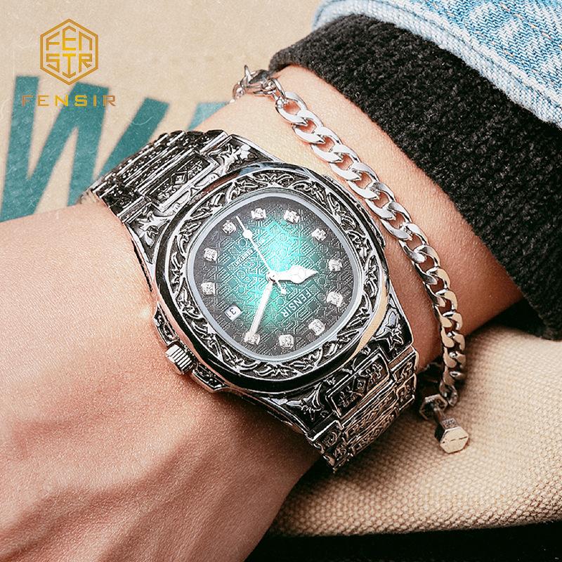 Весна 2025 Новые Мужские Роскошные Деловые Наручные часы из нержавеющей стали Винтажные Часы с кварцевым механизмом с резными узорами для мужчин Relogio