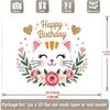 2D Kids Birthday Backdrop, White Cat with Pink Flowers & Gold Hearts Background