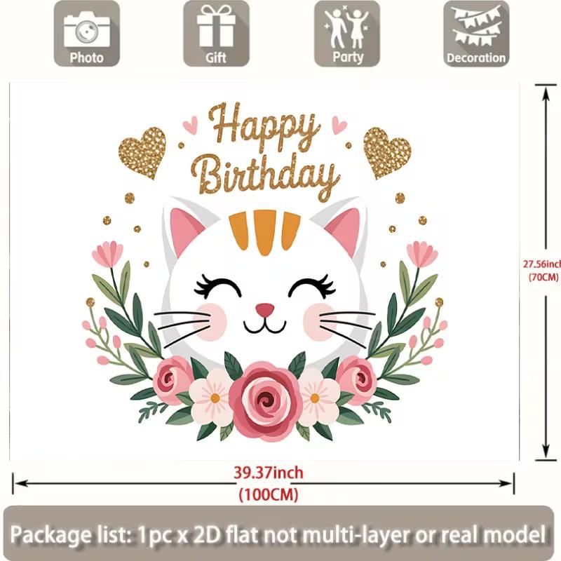 2D Kids Birthday Backdrop, White Cat with Pink Flowers & Gold Hearts Background