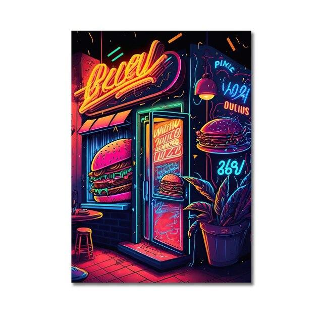 Неоновый арт, пицца, гамбургер, кофе, мороженое, плакат, настенная живопись на холсте, печатные изображения, ресторан быстрого питания, клубный бар, домашний декор без рамки