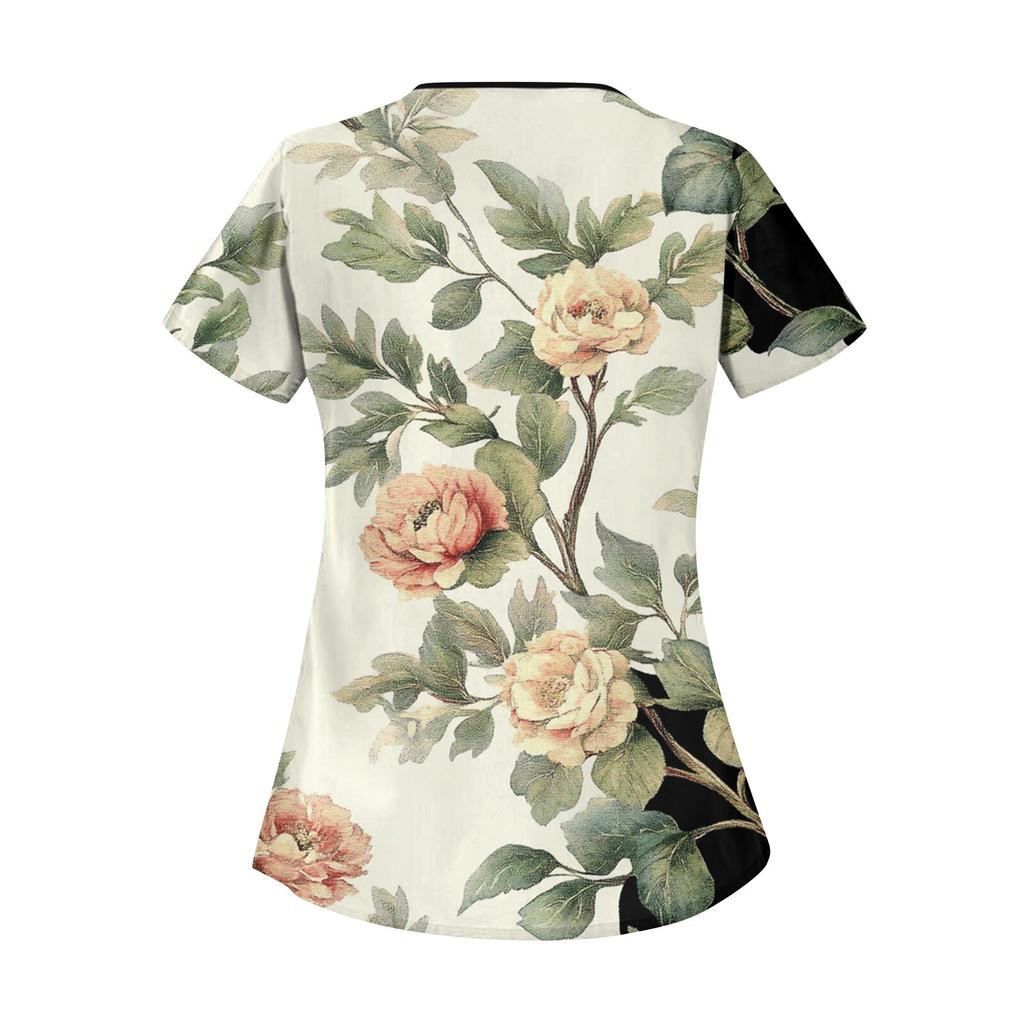 Женская повседневная рабочая одежда с короткими рукавами и наклонным воротником с принтом и двойными карманами