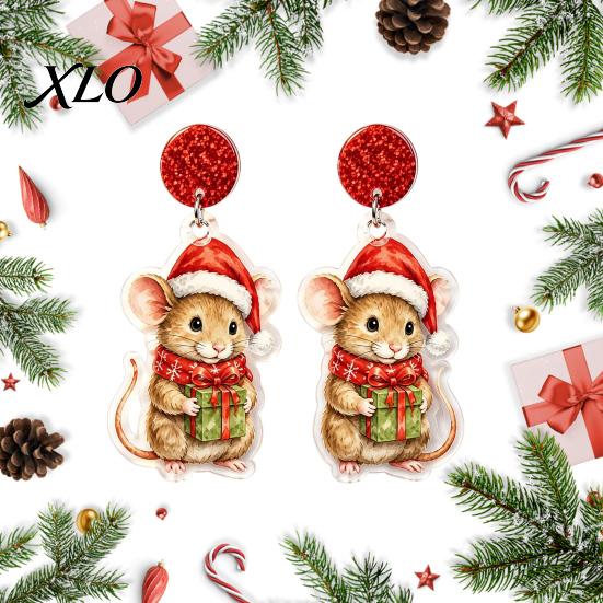 Seasonal Fashion Accessories 1 Pair Cute Christmas Mouse Acrylic Earrings, 2D Flat Cartoon Animal Dangle Earrings Drop for Women, Glitter Star Charm,