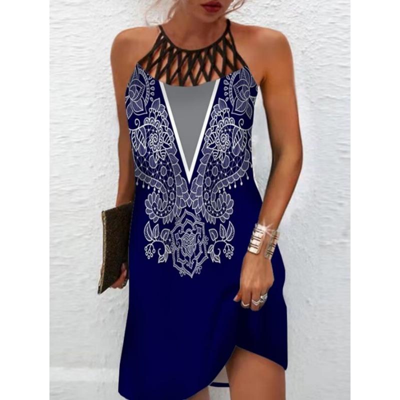 GMXIA National Style Positioning Print Mesh with Sleeveless Casual Dress for Women