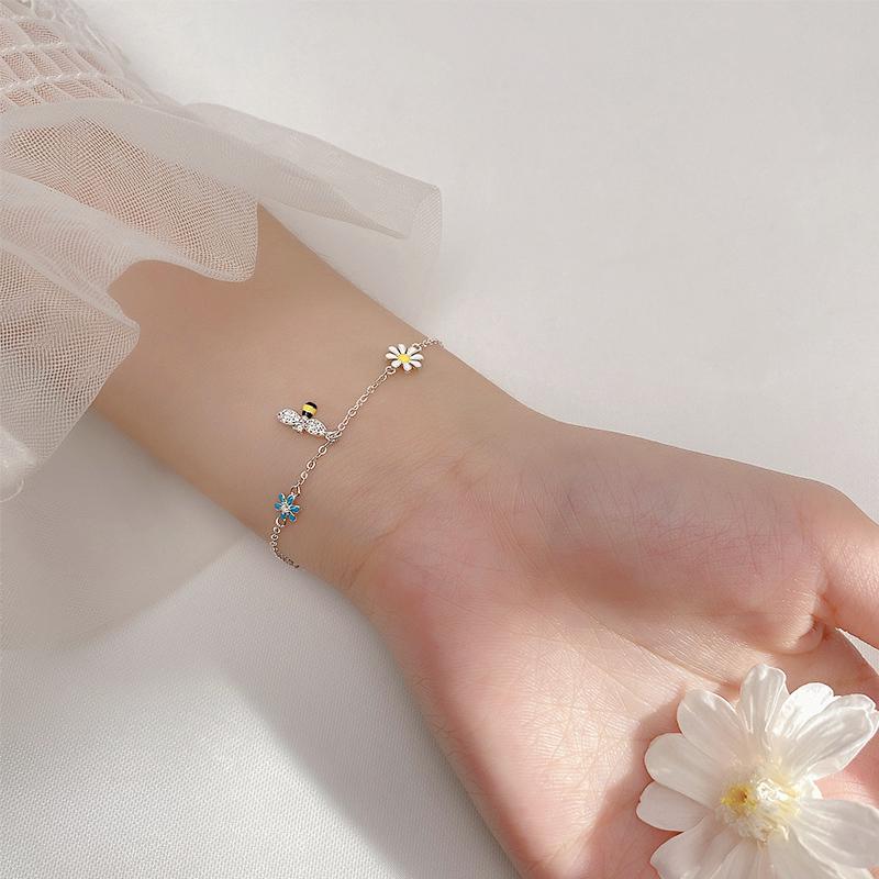 Sole Memory Cute Mini Bee Flowers 925 Silver Female Resizable Bracelets BR320