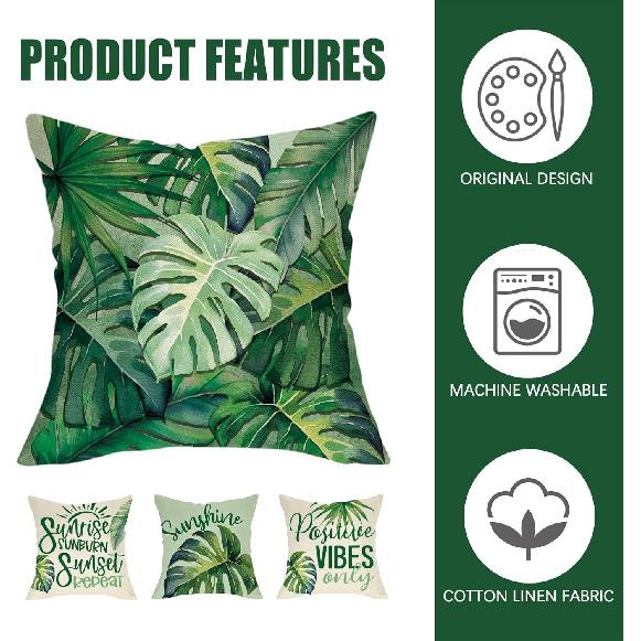 Fahrendom Monstera Palm Leaves Decorative Throw Pillow Covers 18 x 18 Set of 4, Positive Vibes Only Tropical Plant Sunshine Porch Patio Outdoor