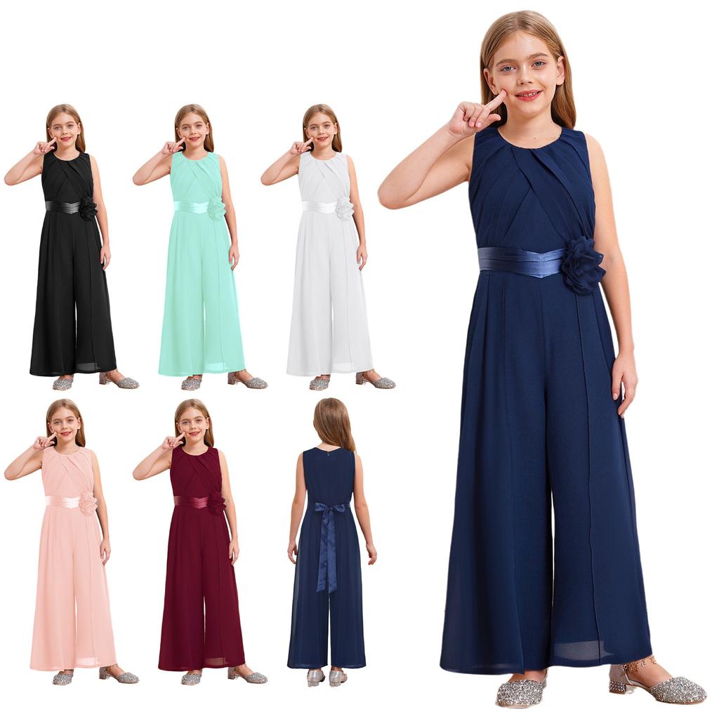 Kids Girls Party Jumpsuit Solid Color Round Collar Sleeveless High Waist Ruffled Chiffon Detachable Flower Embellished Jumpsuit with Belt for Wedding