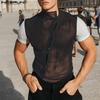 Summer Men High Neck Short Sleeve Mesh Sheer Patchwork T-shirts