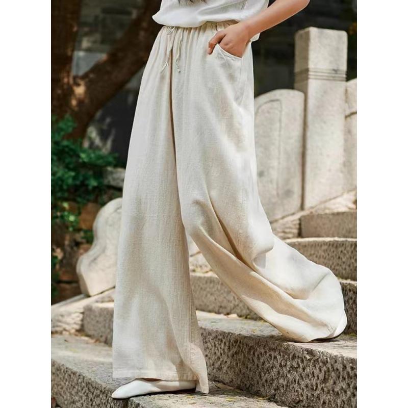 Casual Women's Solid Color Wide Leg Spring and Autumn Pockets Cotton Linen Women Long Pants