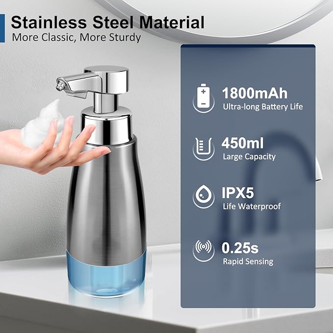 Автоматический дозатор мыла, аксессуары для ванной комнаты, бесконтактный стальной металлический флакон для лосьона, многоразовый дозатор пенящегося мыла для отеля