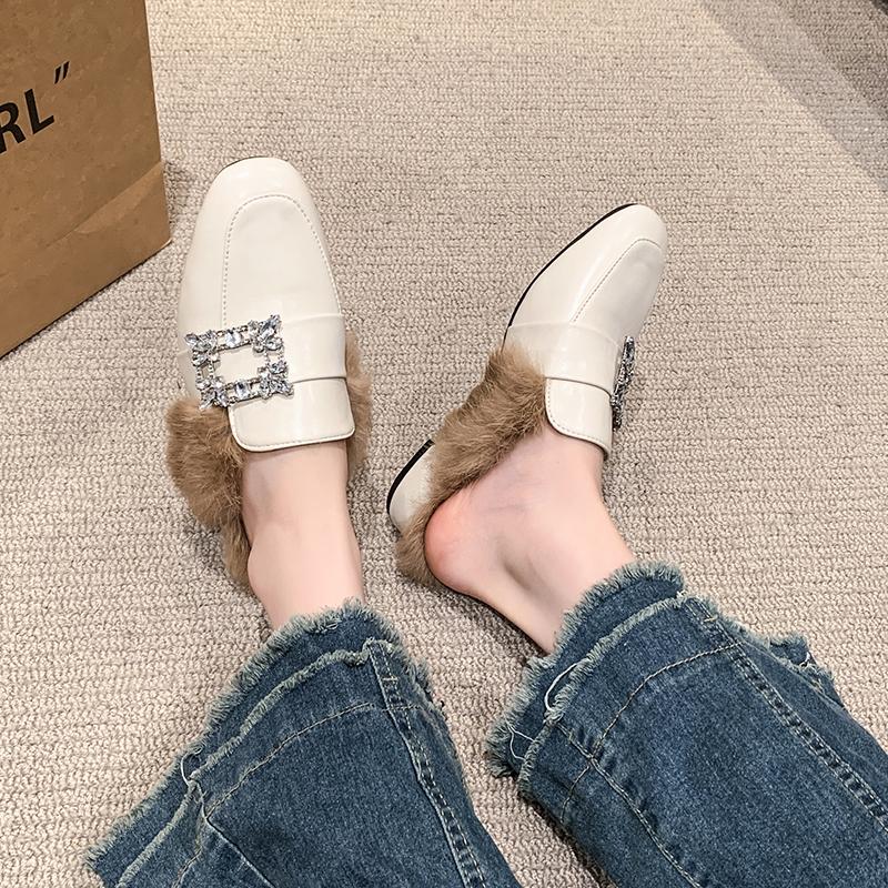 Модные зимние тапочки Aphixta с квадратной хрустальной пряжкой, из натурального меха, женские мюли, пушистая обувь, квадратный носок, средний каблук 4,5 см, современные шлепанцы черного цвета