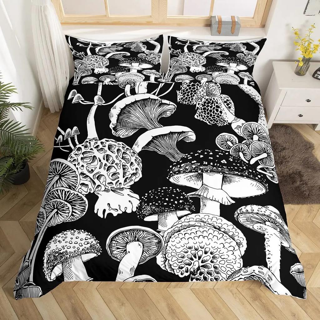 Mushroom Duvet Cover Set Burgundy Plant Fallen Leaves Bedding Set 2/3pcs For Boys Snail Print King Size Soft Comforter Cover