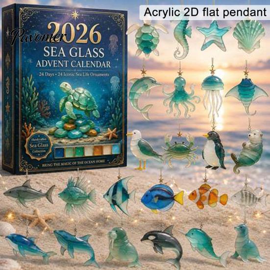 Christmas Room Decoration Sea Glass Marine Life Advent Calendar, 24 Day Countdown Box Festive Desktop Ornaments with Ocean Animal Acrylic Ornaments,