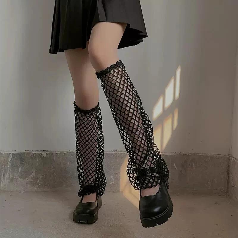 Women Summer JK Fishing Net Long Socks Lolita Style Outdoor Knee High Elastic Leg Warmers for Girl Cool Punk Gothic Socks
