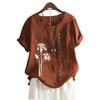 Women Fashion Cotton Linen Blouse Summer&fall Round Neck Short Sleeved Top Laides Casua Floral Print Loose T-shirt