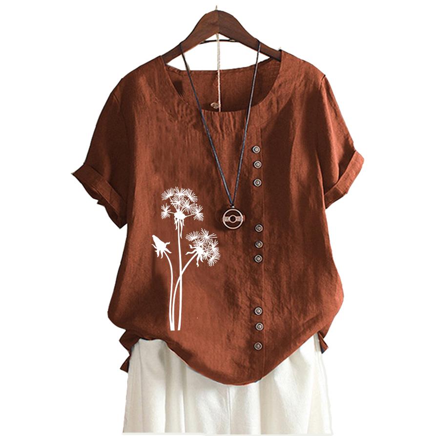 Women Fashion Cotton Linen Blouse Summer&fall Round Neck Short Sleeved Top Laides Casua Floral Print Loose T-shirt