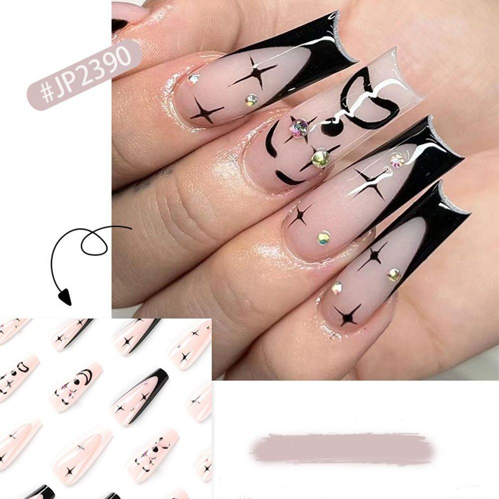 Маникюр Пресс на ногтях Черный край Змея Накладные ногти Длинные Французские балерины Сияющий Кристалл