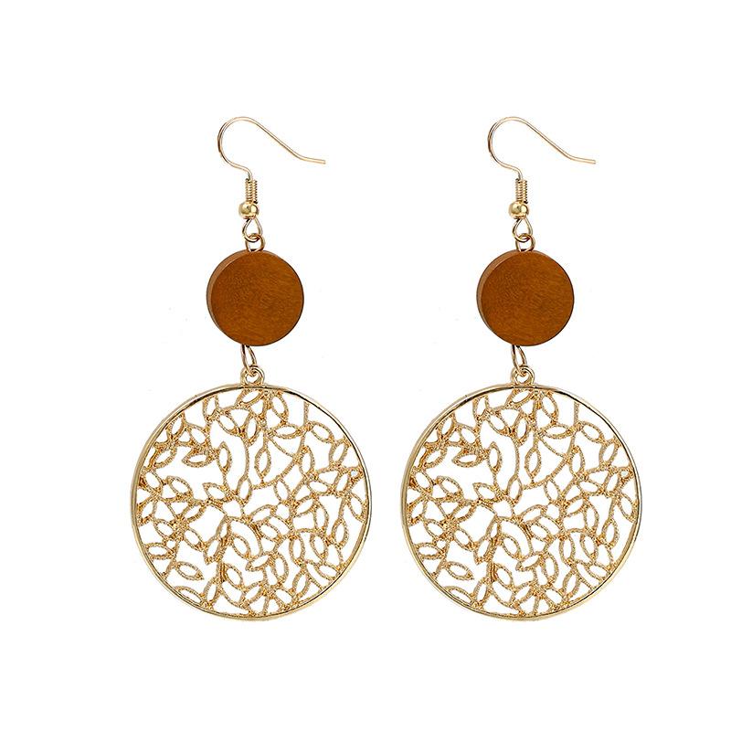 Hollow Earrings Women's Exaggerated Retro Style Wood Alloy Engraved Long Face Thin Stud Earrings