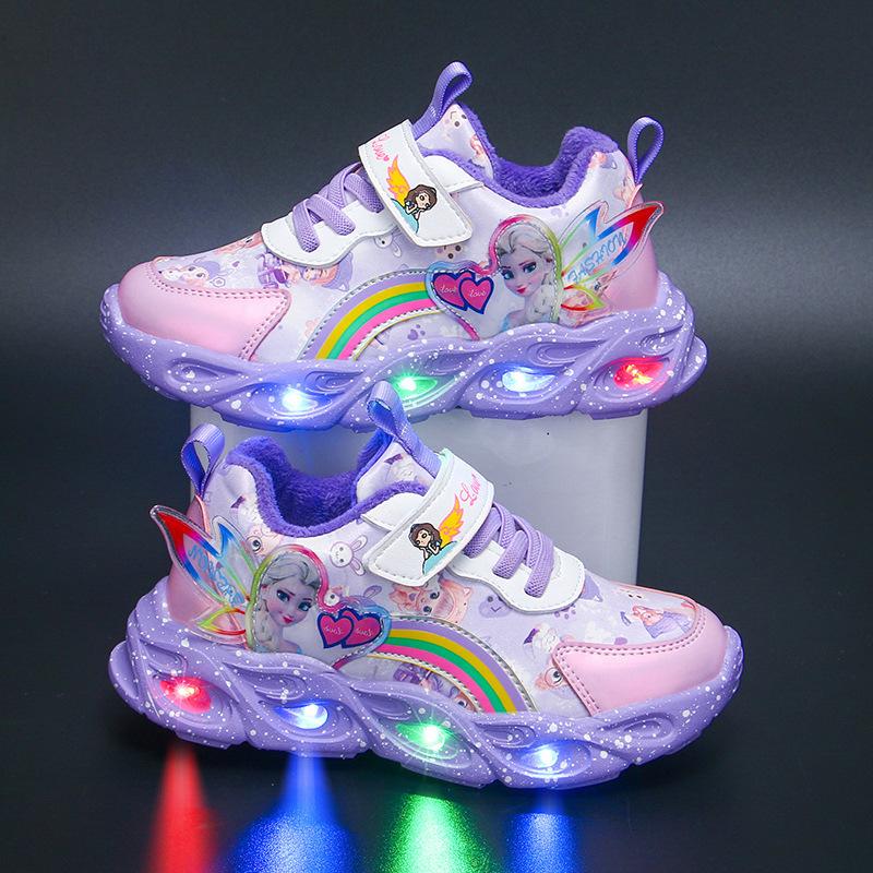 Кроссовки для девочек с подсветкой 2025 года, весна и осень, новые туфли принцессы из сетчатой кожи для маленьких девочек, мягкая подошва, детские туфли с подсветкой