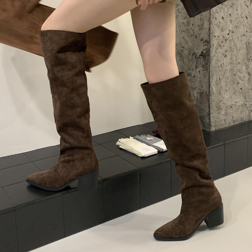 Модная зимняя модель Eilyken, плиссированные женские ботфорты с острым носком, модные панк-квадратные каблуки, длинная обувь, Botas Para Mujer