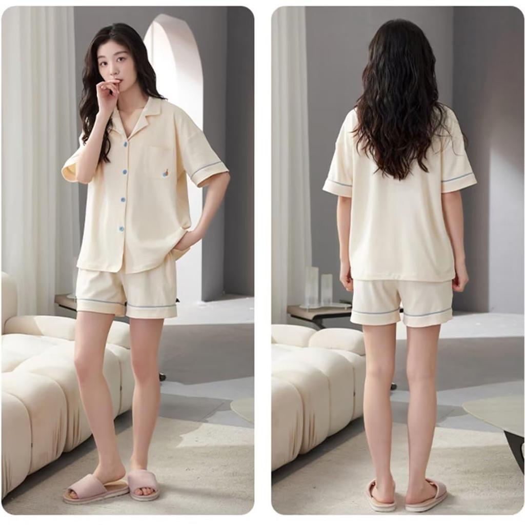 Летний пижамный комплект Yucahype с рубашкой с коротким рукавом и открытыми свободными однотонными женскими чашками, 100% хлопок, шорты, спереди, влагоотводящий, дышащий,