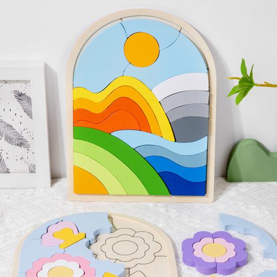 1 шт/3 шт набор деревянных головоломок в форме цветов, облаков, восхода солнца, цветные блоки для развития познавательных способностей, развивающая игрушка для детей от 3 лет