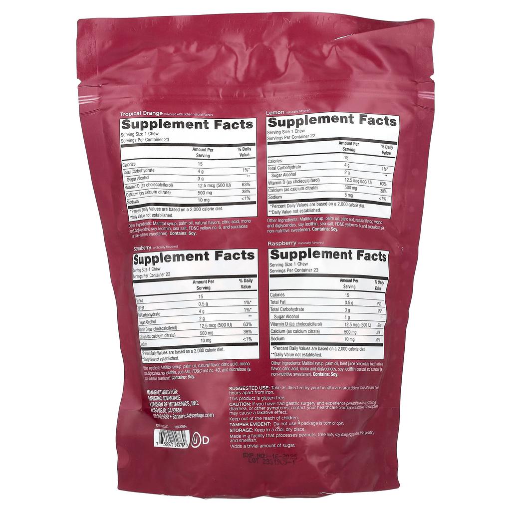 Bariatric Advantage Calcium Citrate Chewy Bites, No Sugar, Mixed Fruit, 90 Soft Chews
