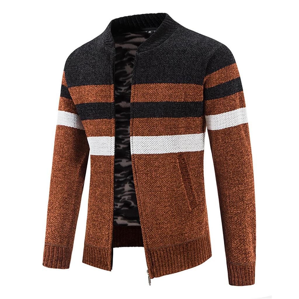 Color Blocked Cardigan Sweater Men's Plush Thickened Casual Knitting Coat