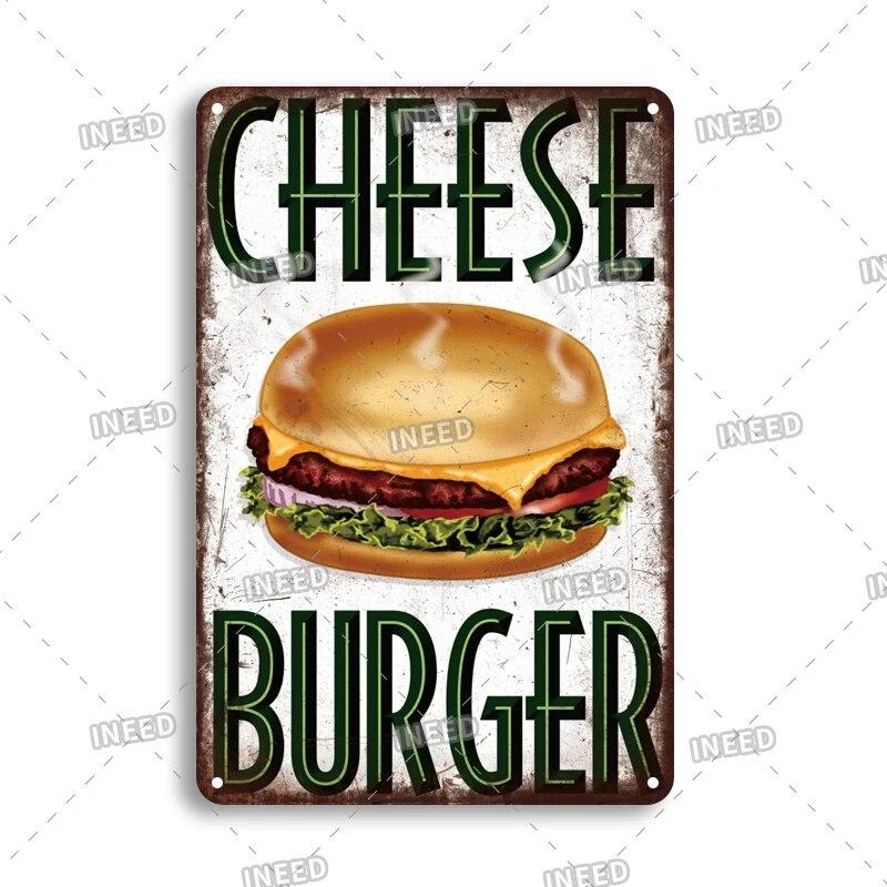 Tin Sign FastFood Pizza Hot Dog Hamburgers Ice Cream Fries Pop Corn Metal Vintage Plaque Metal Retro Plate Kitchen Wall Decor