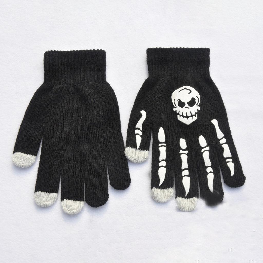 Креативные черные теплые перчатки, светящиеся перчатки на Хэллоуин, вязаные перчатки унисекс, нескользящие перчатки со скелетом для улицы