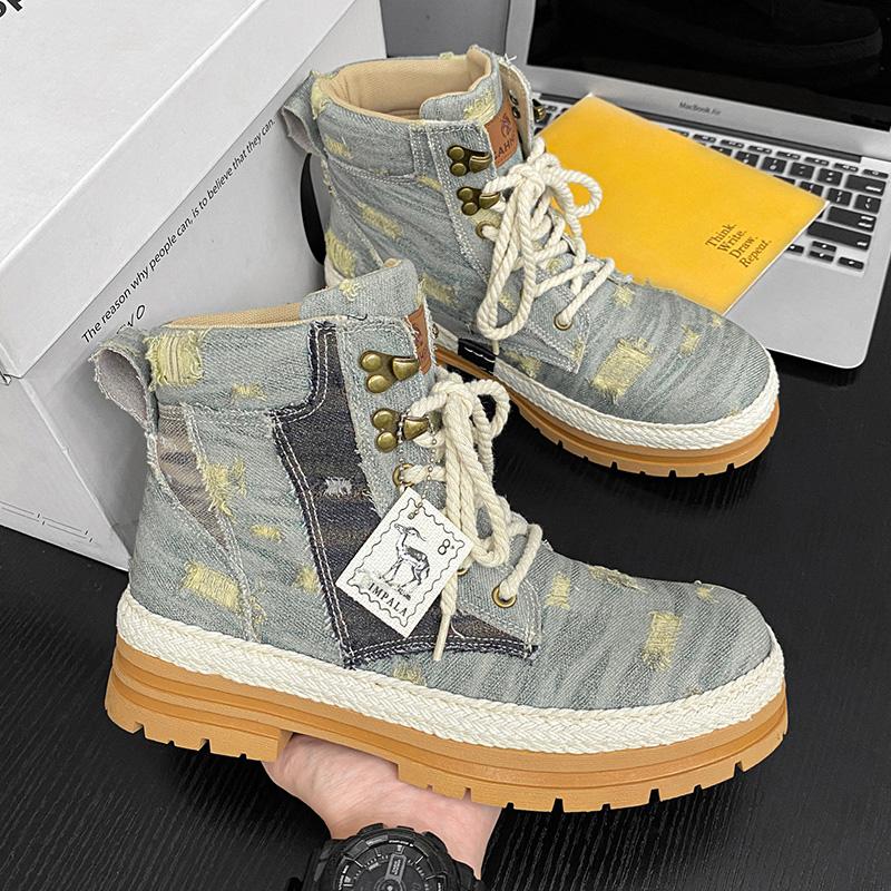 Модные мужские сапоги из денима и парусины весна-осень 2024 года, дизайнерские высокие мужские повседневные туфли, уличные мотоциклетные сапоги для мужчин, botas masculino