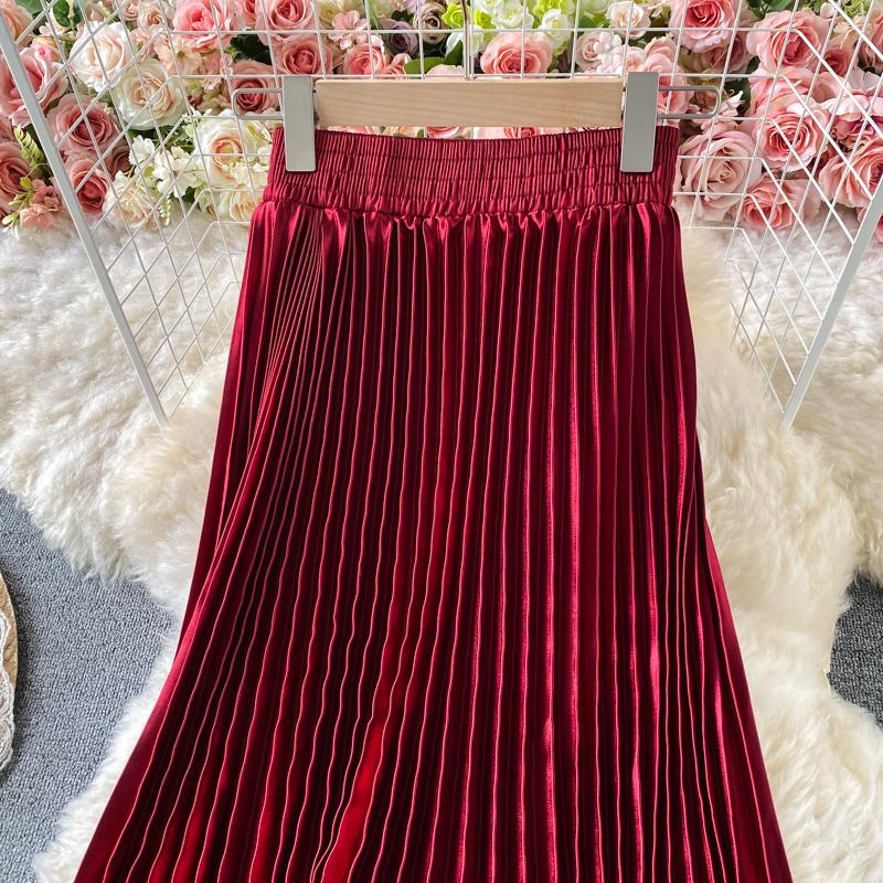 Лето Осень Женская Элегантная Атласная Высокая Талия Длинная Макси Плиссированная Юбка