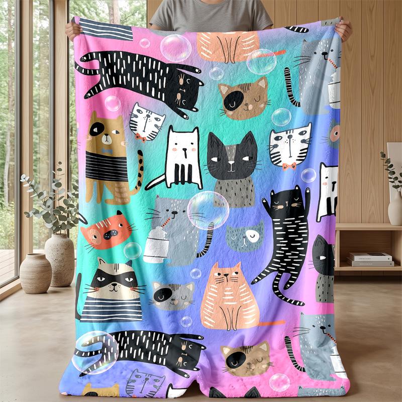 Colorful Cats Pattern blanket Personalized Name Flannel Blanket Soft Cozy Plush Throw for Sofa Bed Lightweight Home Decor
