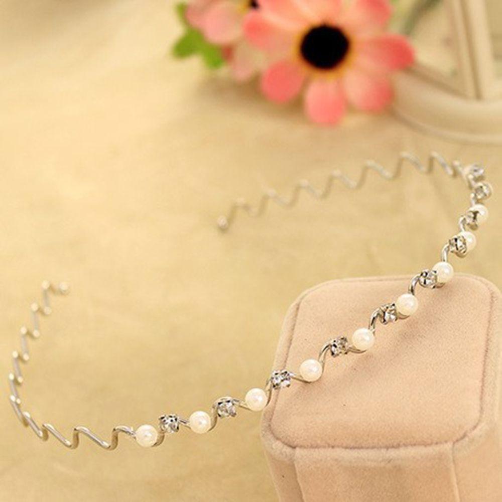 Rhinestone Wedding Jewelry for Women Headwear Black Silver Metal Pearl Crystal Wave Hairband