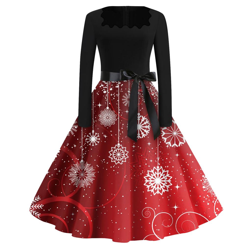 Women's Fashion Square Neck Casual Slim Christmas Printed Long Sleeve Dresses