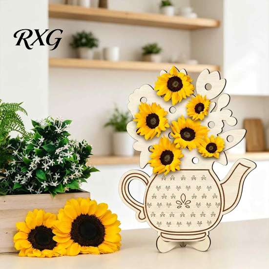 Retro Pastoral Decor Wooden Teapot Shape Flower Holder, Natural Wood Floral Display Stand, DIY Assembled Stand Blank Vase for Artificial Arrangement,