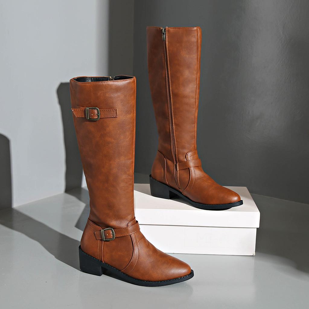 Trendy Faux Leather Knee High Knight Boots For Women With Chic Buckle Accents