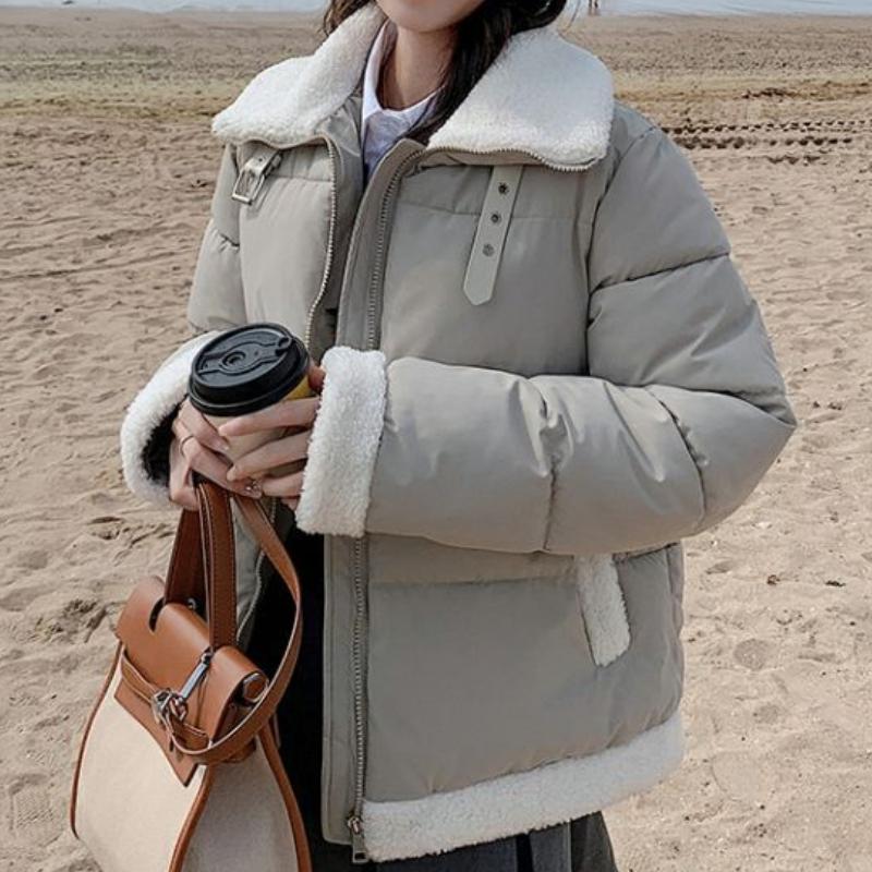 Короткие парки с подкладкой из овечьей шерсти, свободная зимняя повседневная одежда для снега, ветровки, теплые куртки с воротником-стойкой, толстые куртки с хлопковой подкладкой